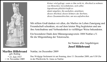 Traueranzeige von Marlies Hillebrand von Tageszeitung