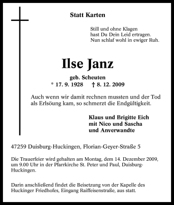 Traueranzeige von Ilse Janz von Tageszeitung