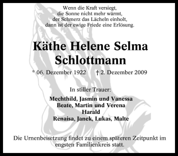 Traueranzeige von Käthe Helene Selma Schlottmann von Tageszeitung