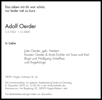 Traueranzeige von Adolf Oerder von Tageszeitung