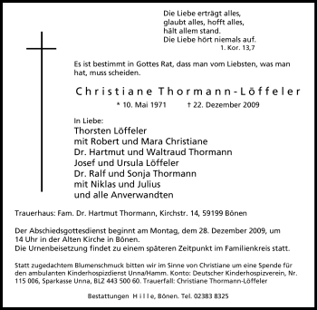 Traueranzeige von Christiane Thormann-Löffeler von Tageszeitung