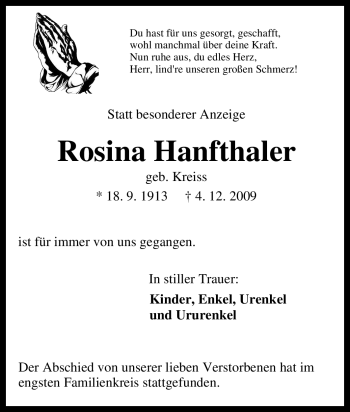 Traueranzeige von Rosina Hanfthaler von Tageszeitung