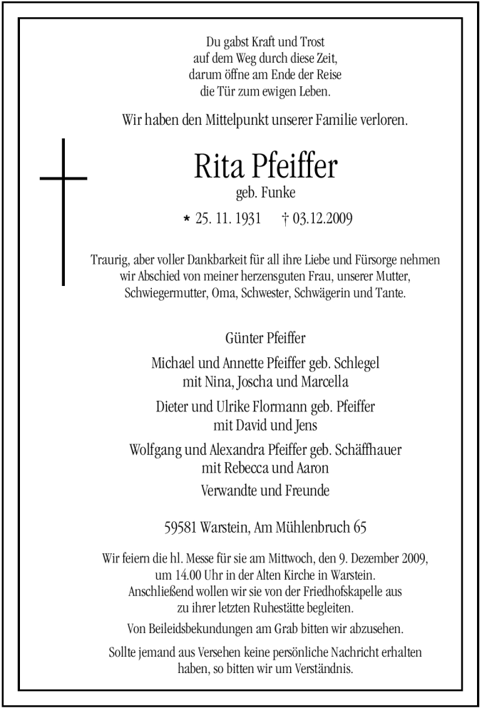  Traueranzeige für Rita Pfeiffer vom 04.12.2009 aus Tageszeitung
