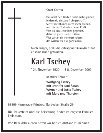 Traueranzeige von Karl Tschey von Tageszeitung
