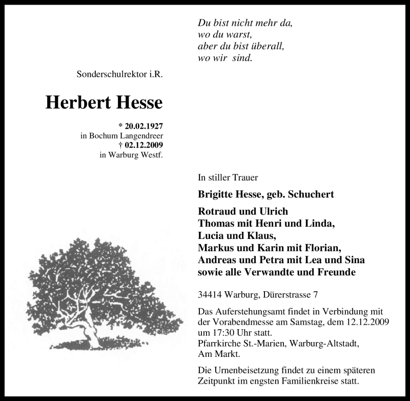  Traueranzeige für Herbert Hesse vom 05.12.2009 aus Tageszeitung