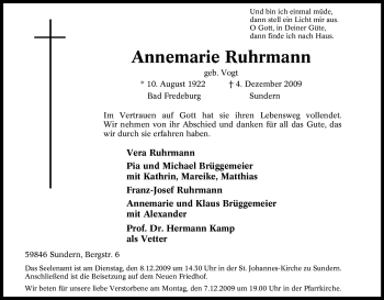 Traueranzeige von Annemarie Ruhrmann von Tageszeitung