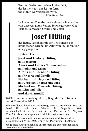 Traueranzeige von Josef Hüting von Tageszeitung