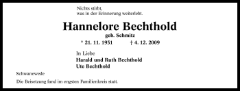 Traueranzeige von Hannelore Bechthold von Tageszeitung