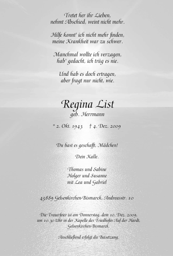 Traueranzeige von Regina List von Tageszeitung