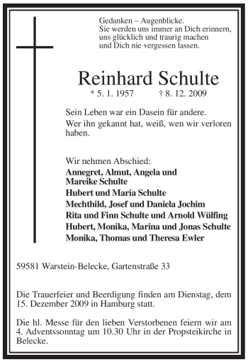 Traueranzeige von Reinhard Schulte von Tageszeitung