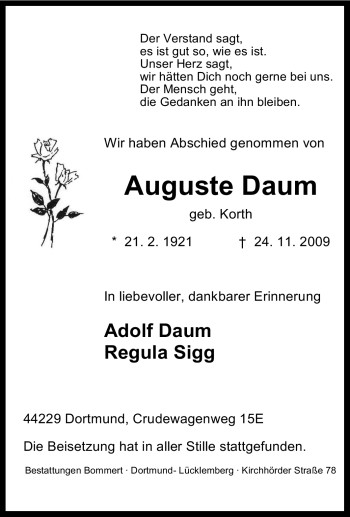 Traueranzeige von Auguste Daum von Tageszeitung