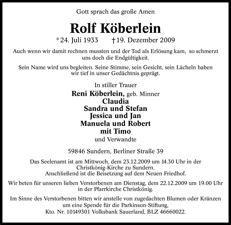  Traueranzeige für Rolf Köberlein vom 21.12.2009 aus Tageszeitung