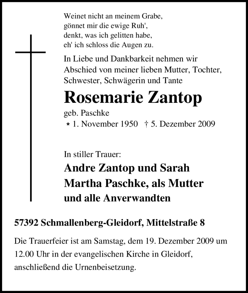  Traueranzeige für Rosemarie Zantop vom 16.12.2009 aus Tageszeitung
