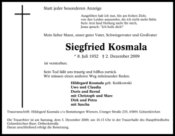 Traueranzeige von Siegfried Kosmala von Tageszeitung