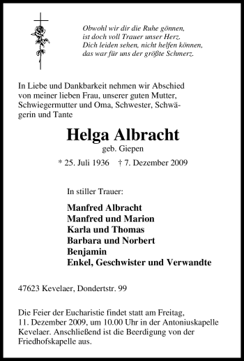 Traueranzeige von Helga Albracht von Tageszeitung