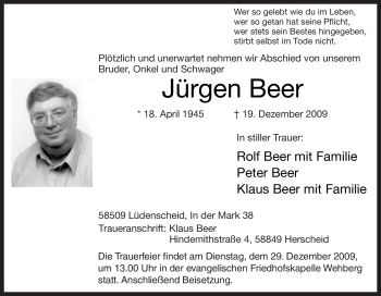 Traueranzeige von Jürgen Beer von Tageszeitung