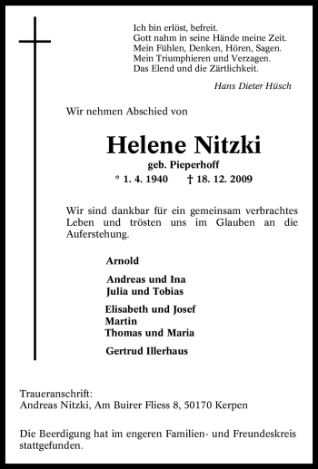 Traueranzeige von Helene Nitzki von Tageszeitung