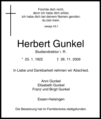 Traueranzeige von Herbert Gunkel von Tageszeitung
