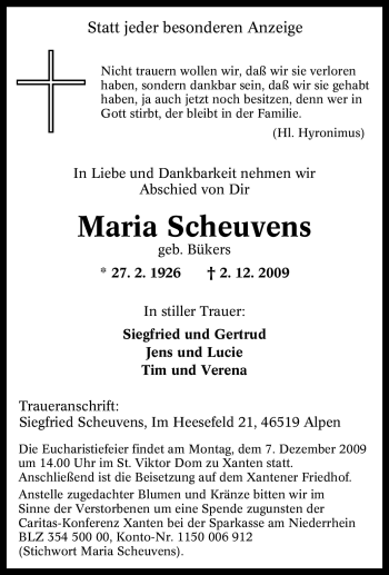 Traueranzeige von Maria Scheuvens von Tageszeitung