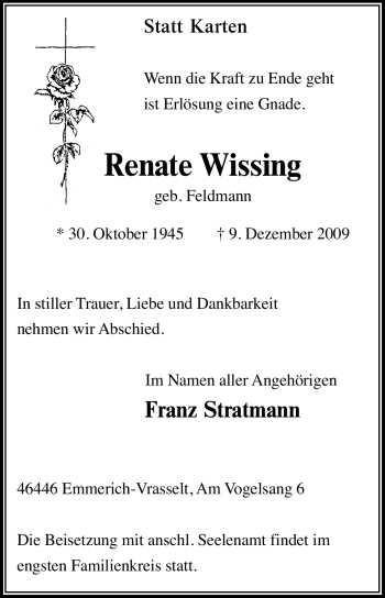 Traueranzeige von Renate Wissing von Tageszeitung
