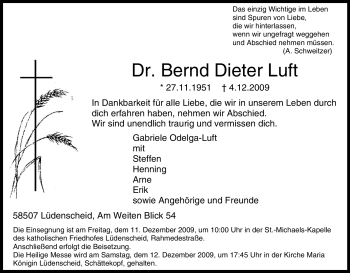Traueranzeige von Bernd Dieter Luft von Tageszeitung