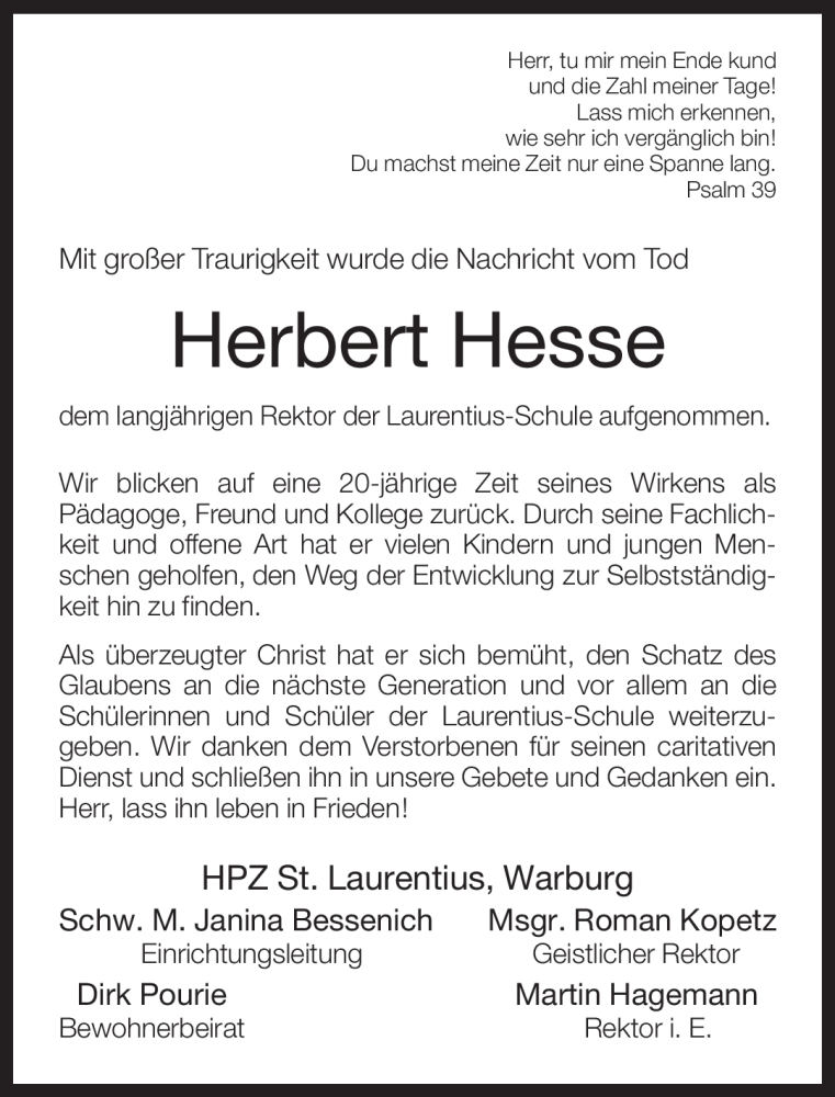  Traueranzeige für Herbert Hesse vom 09.12.2009 aus Tageszeitung