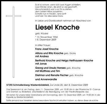 Traueranzeige von Liesel Knoche von Tageszeitung