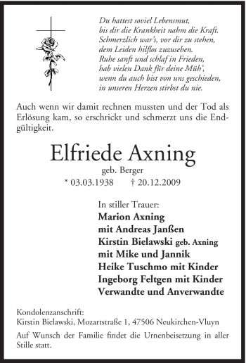 Traueranzeige von Elfriede Axning von Tageszeitung