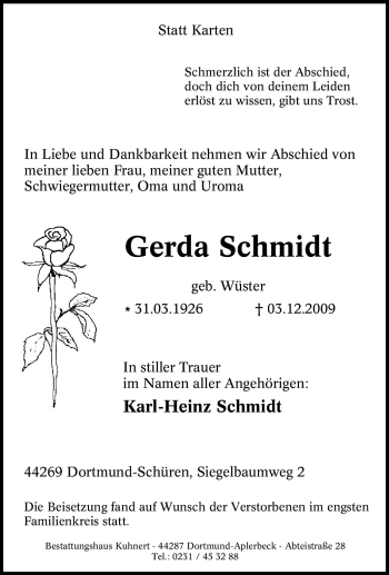 Traueranzeige von Gerda Schmidt von Tageszeitung