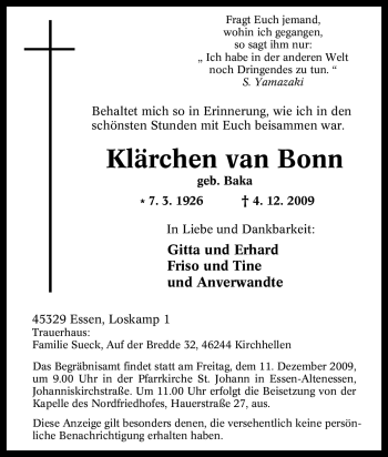 Traueranzeige von Klärchen van Bonn von Tageszeitung