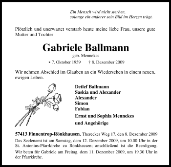 Traueranzeige von Gabriele Ballmann von Tageszeitung