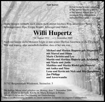 Traueranzeige von Willi Hupertz von Tageszeitung