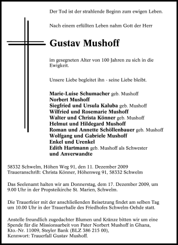Traueranzeige von Gustav Mushoff von Tageszeitung