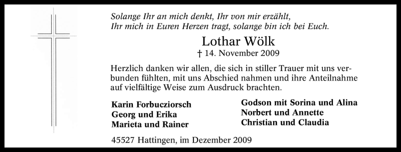  Traueranzeige für Lothar Wölk vom 12.12.2009 aus Tageszeitung