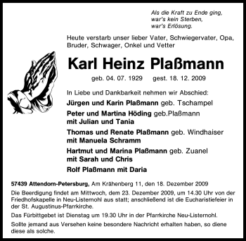 Traueranzeige von Karl Heinz Plaßmann von Tageszeitung