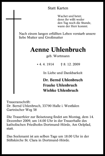 Traueranzeige von Aenne Uhlenbruch von Tageszeitung