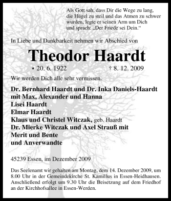 Traueranzeige von Theodor Haardt von Tageszeitung