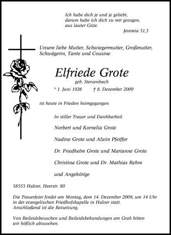 Traueranzeige von Elfriede Grote von Tageszeitung
