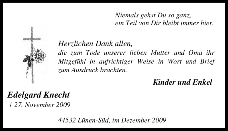  Traueranzeige für Edelgard Knecht vom 19.12.2009 aus Tageszeitung