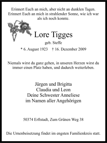 Traueranzeige von Lore Tigges von Tageszeitung