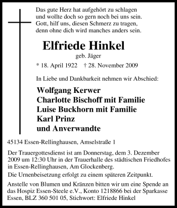 Traueranzeige von Elfriede Hinkel von Tageszeitung