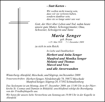 Traueranzeige von Maria Senger von Tageszeitung