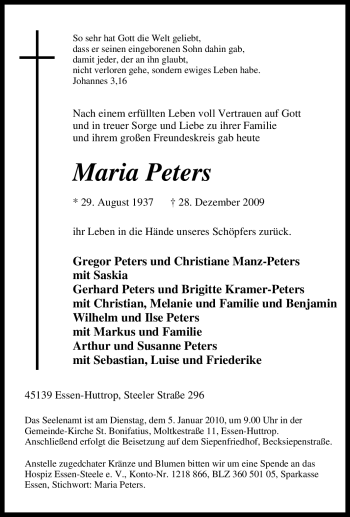Traueranzeige von Maria Peters von Tageszeitung