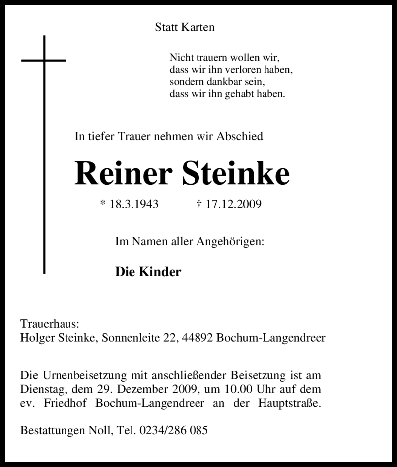  Traueranzeige für Reiner Steinke vom 24.12.2009 aus Tageszeitung