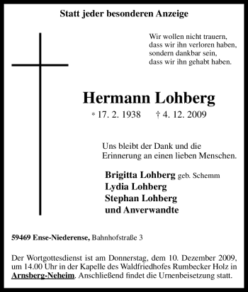 Traueranzeige von Hermann Lohberg von Tageszeitung