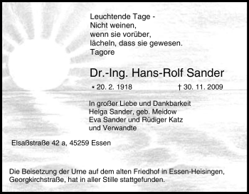 Traueranzeige von Hans-Rolf Sander von Tageszeitung