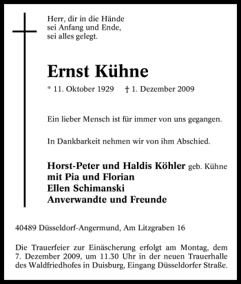 Traueranzeige von Ernst Kühne von Tageszeitung