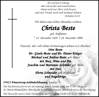 Traueranzeige von Christa Beste von Tageszeitung