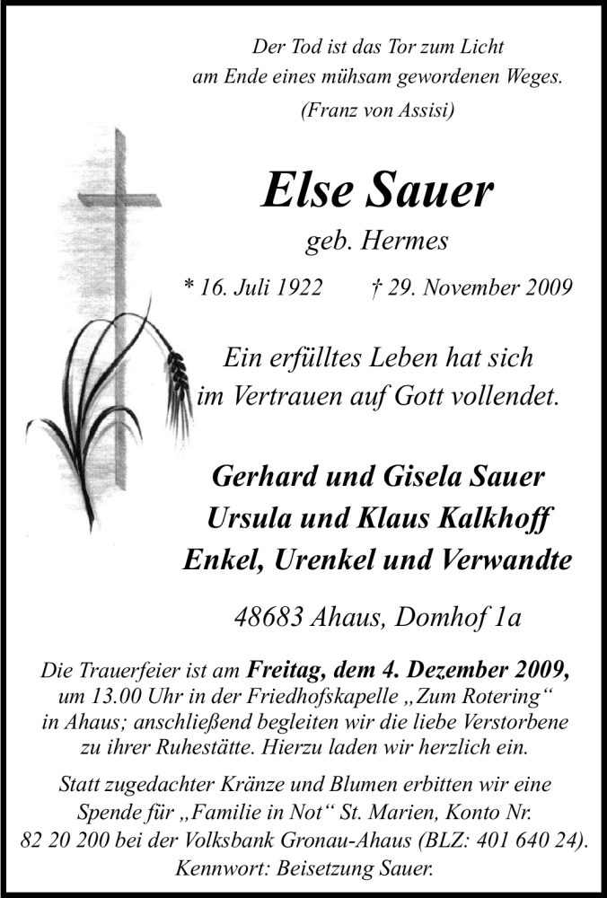  Traueranzeige für Else Sauer vom 03.12.2009 aus Tageszeitung