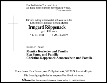 Traueranzeige von Irmgard Röppenack von Tageszeitung